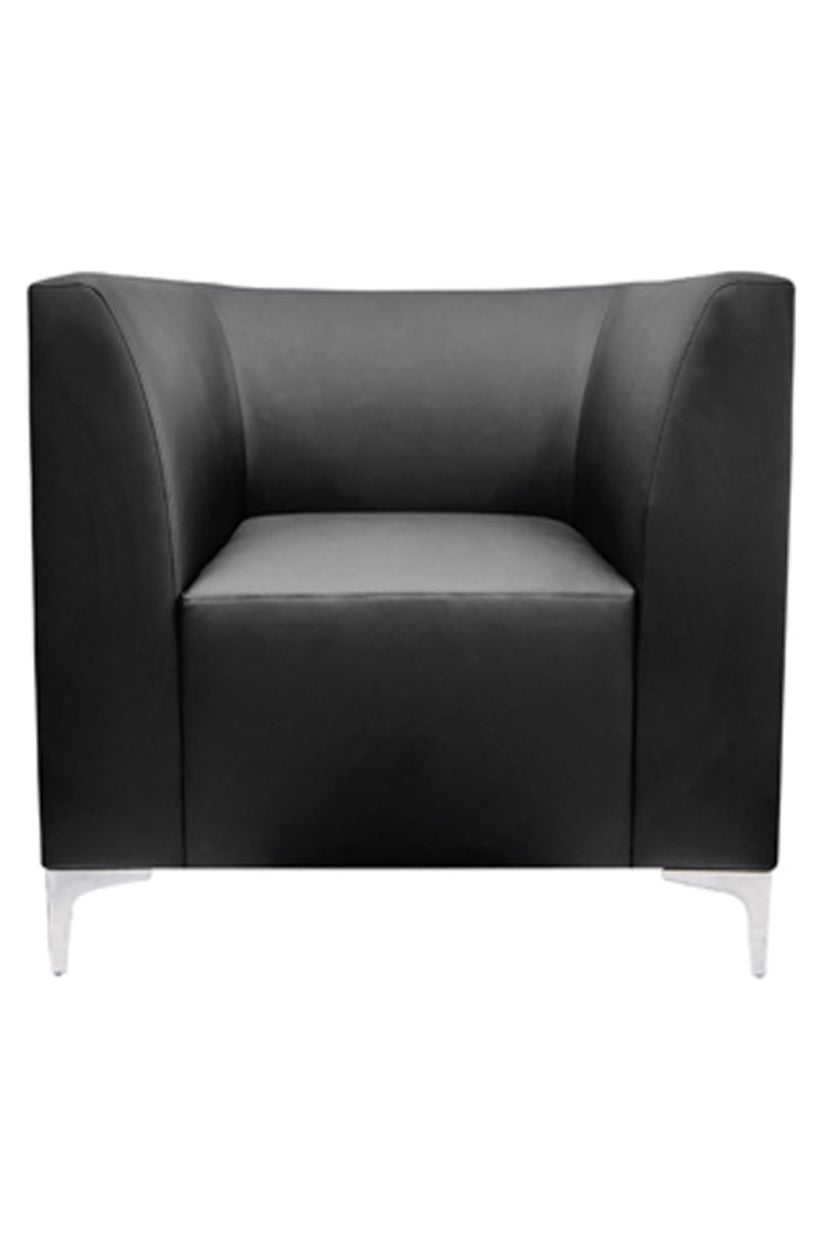 A black faux leather armchair with chrome corner feet and a soft foam seat and back.