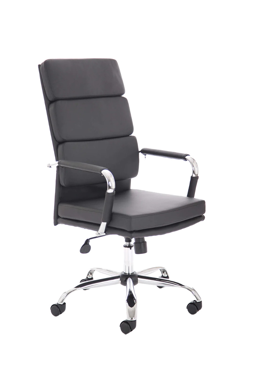 A black advocate medium back bonded leather executive chair with fixed arms and a chrome 5 star base.