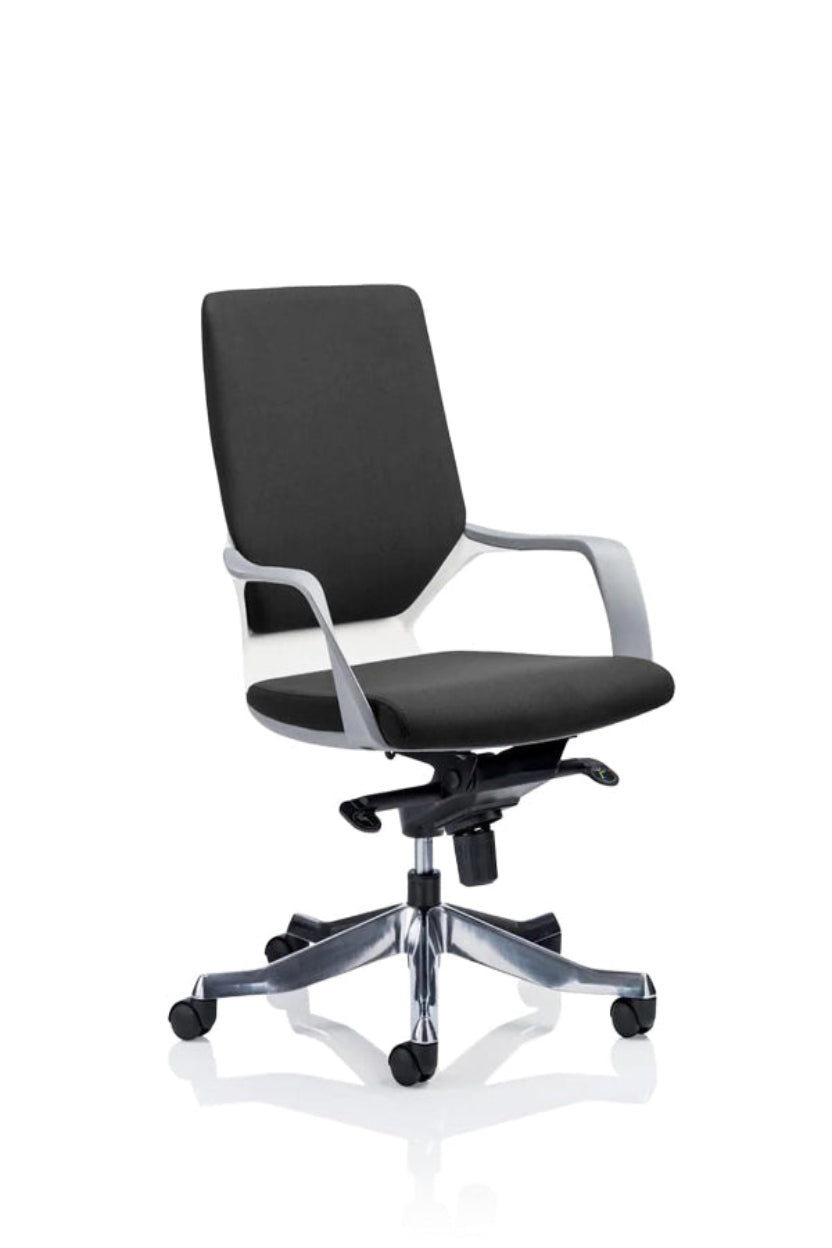 A black high back executive chair with height adjustable arms, featuring a knee tilt mechanism and a brushed aluminium 5 star base.