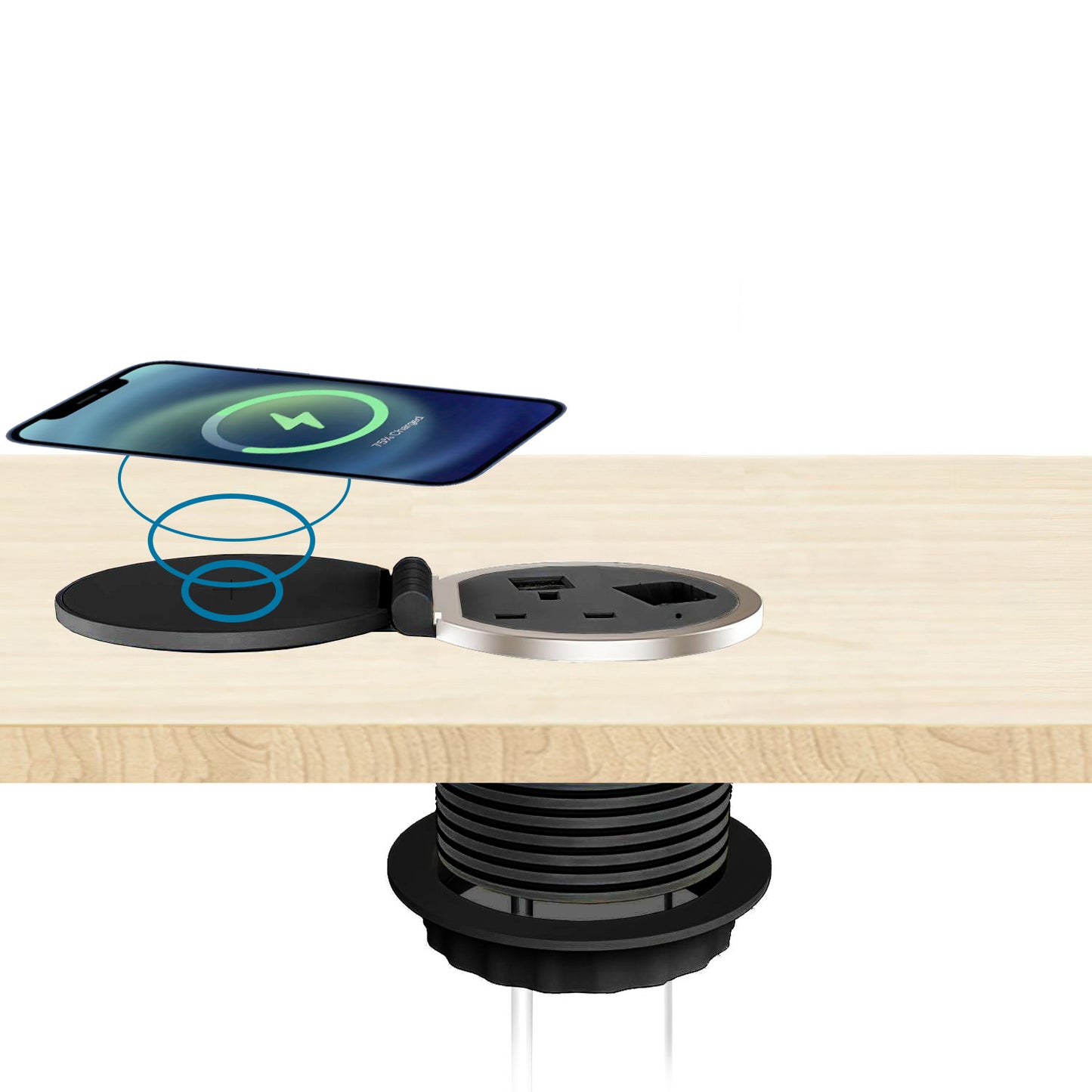 ChargePad 8cm Grommet Power Unit, 5A-fused Socket, USB A+C, Wireless Charger, HDMI, 1.6m Cable