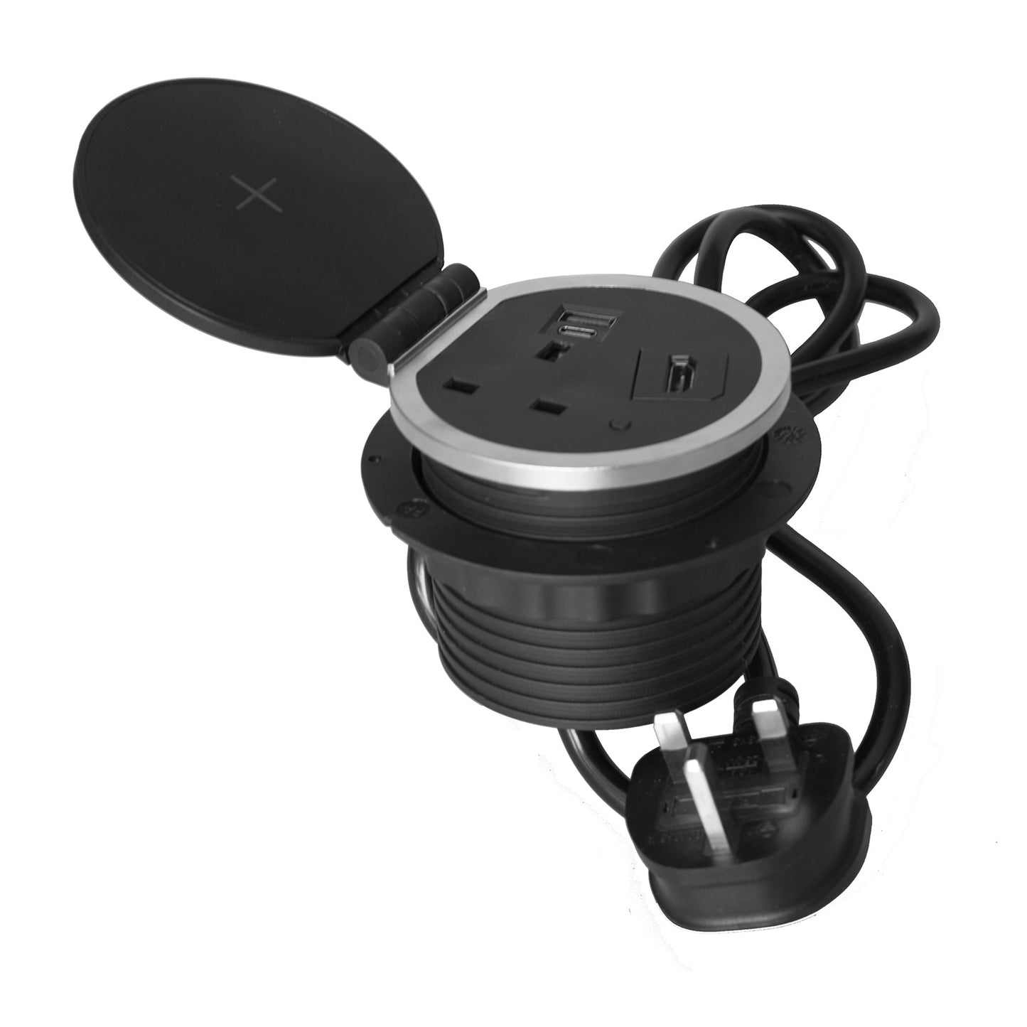 ChargePad 8cm Grommet Power Unit, 5A-fused Socket, USB A+C, Wireless Charger, HDMI, 1.6m Cable