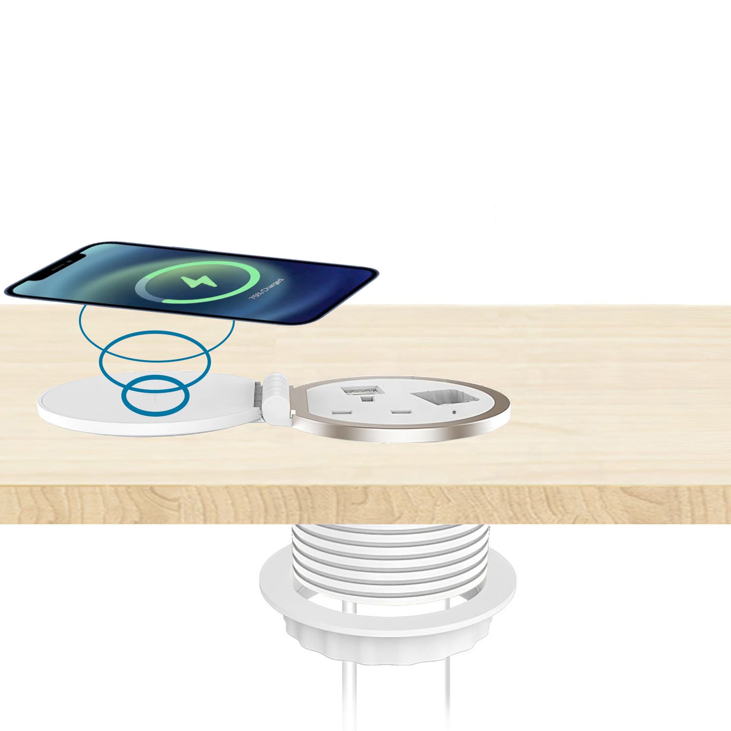 ChargePad 8cm Grommet Power Unit, 5A-fused Socket, USB A+C, Wireless Charger, HDMI, 1.6m Cable