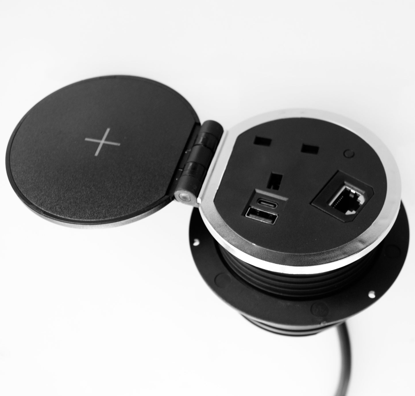 ChargePad 8cm Grommet Power Unit, 5A-fused Socket, USB A+C, Wireless Charger, HDMI, 1.6m Cable