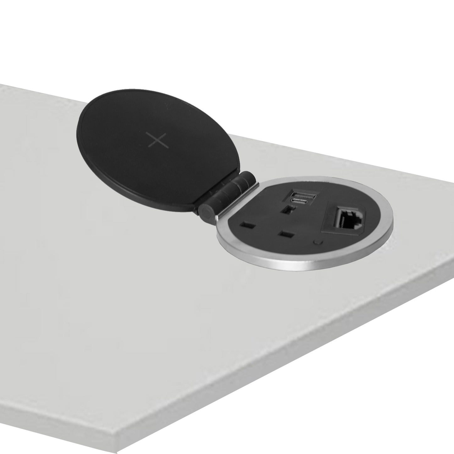 ChargePad 8cm Grommet Power Unit, 5A-fused Socket, USB A+C, Wireless Charger, HDMI, 1.6m Cable
