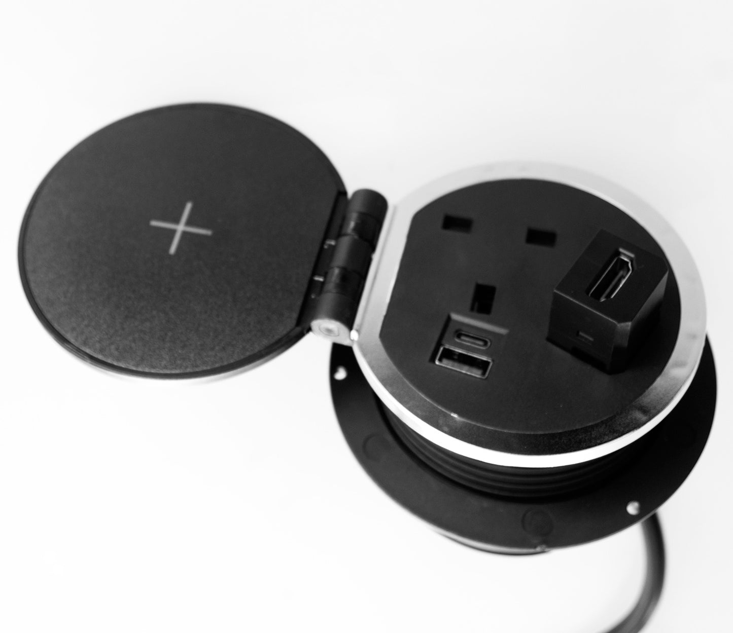 ChargePad 8cm Grommet Power Unit, 5A-fused Socket, USB A+C, Wireless Charger, HDMI, 1.6m Cable