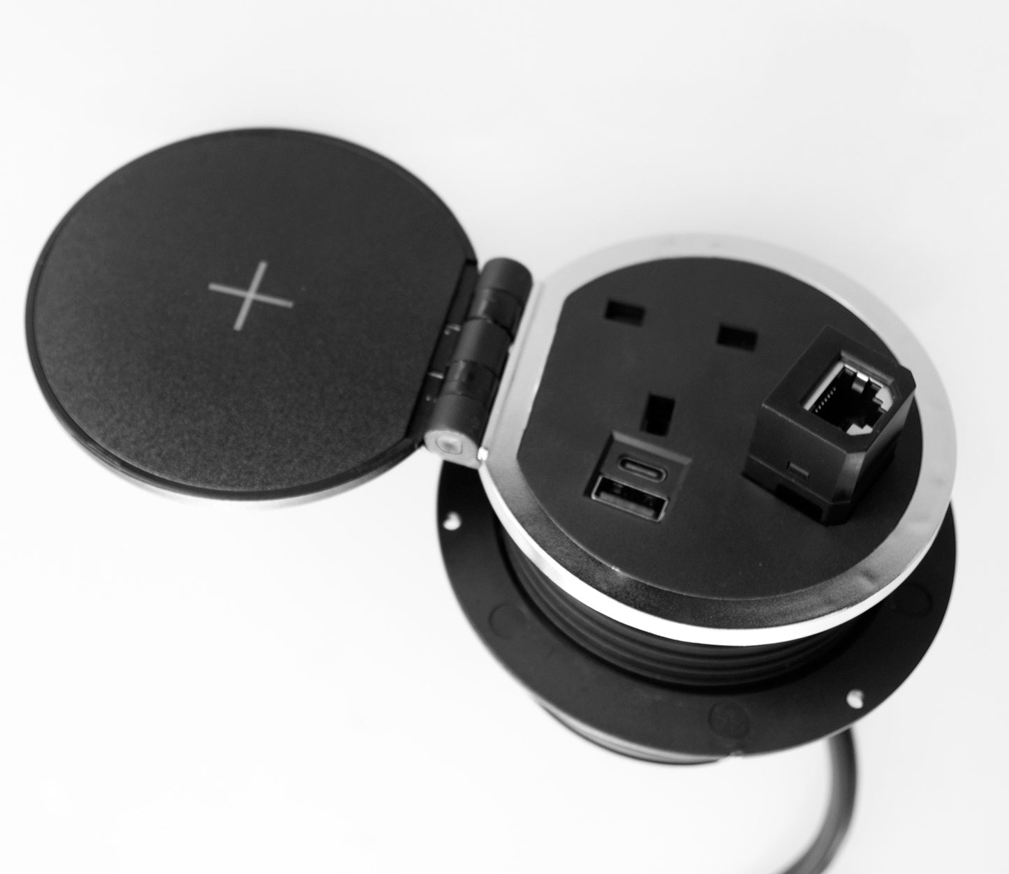 ChargePad 8cm Grommet Power Unit, 5A-fused Socket, USB A+C, Wireless Charger, HDMI, 1.6m Cable