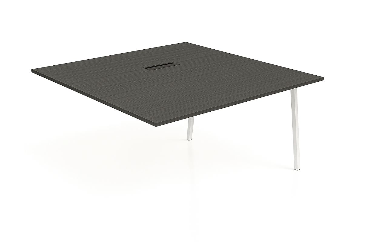 Square graphite table with white legs on a white background