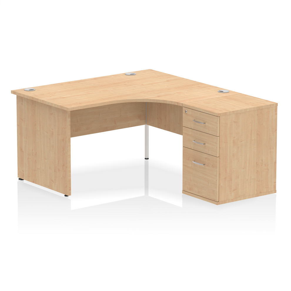 Maple L-shaped desk with drawers on a white background
