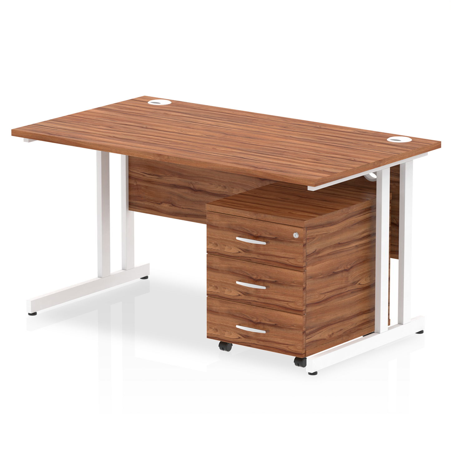 Walnut straight desk with drawers on a white background
