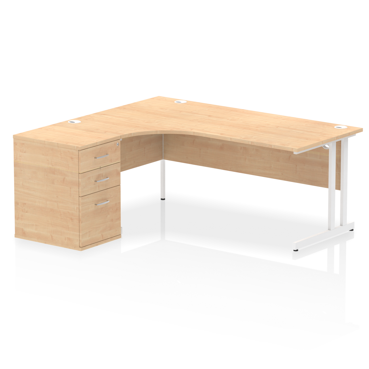 Impulse 1800mm Left Hand Curved Desk, Maple Top with White Cantilver Legs inc 3 Drawer Desk, High Pedestal