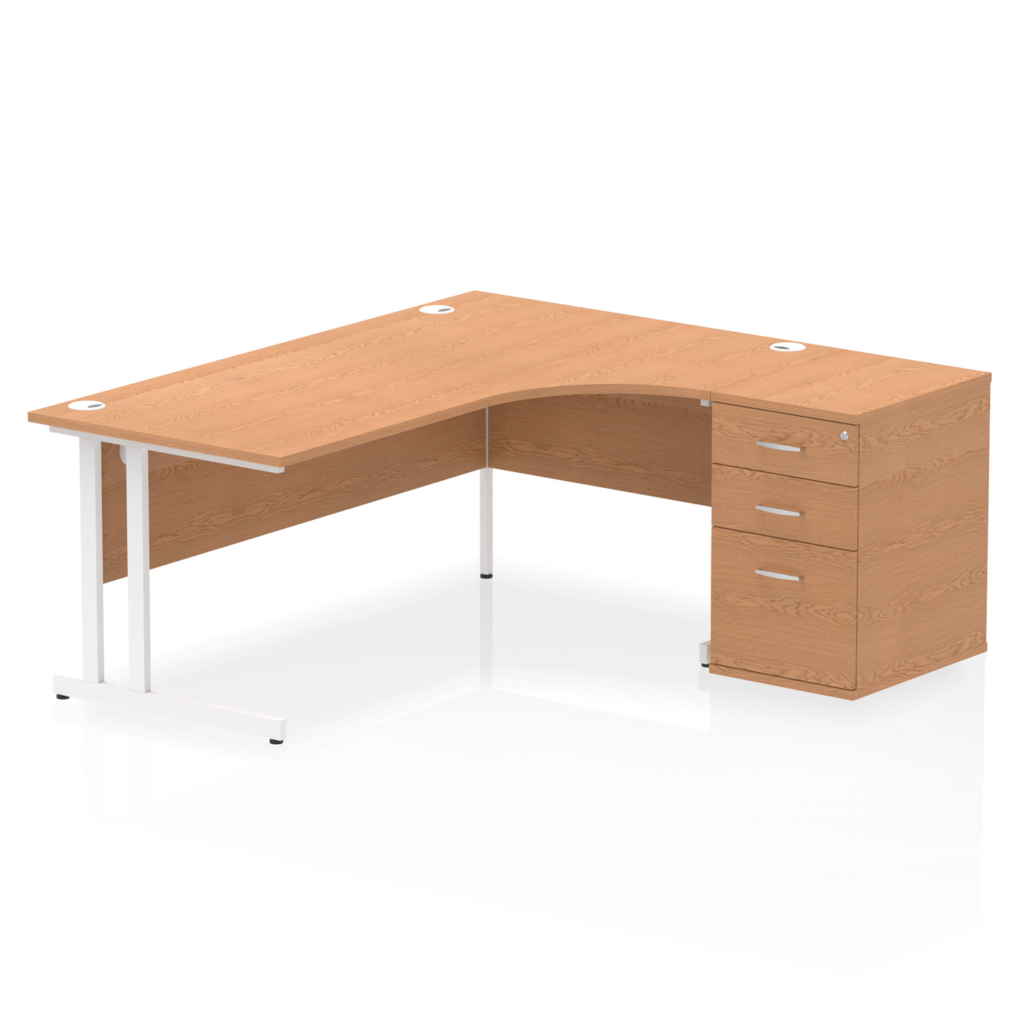 Oak L-shaped desk with drawers on a white background