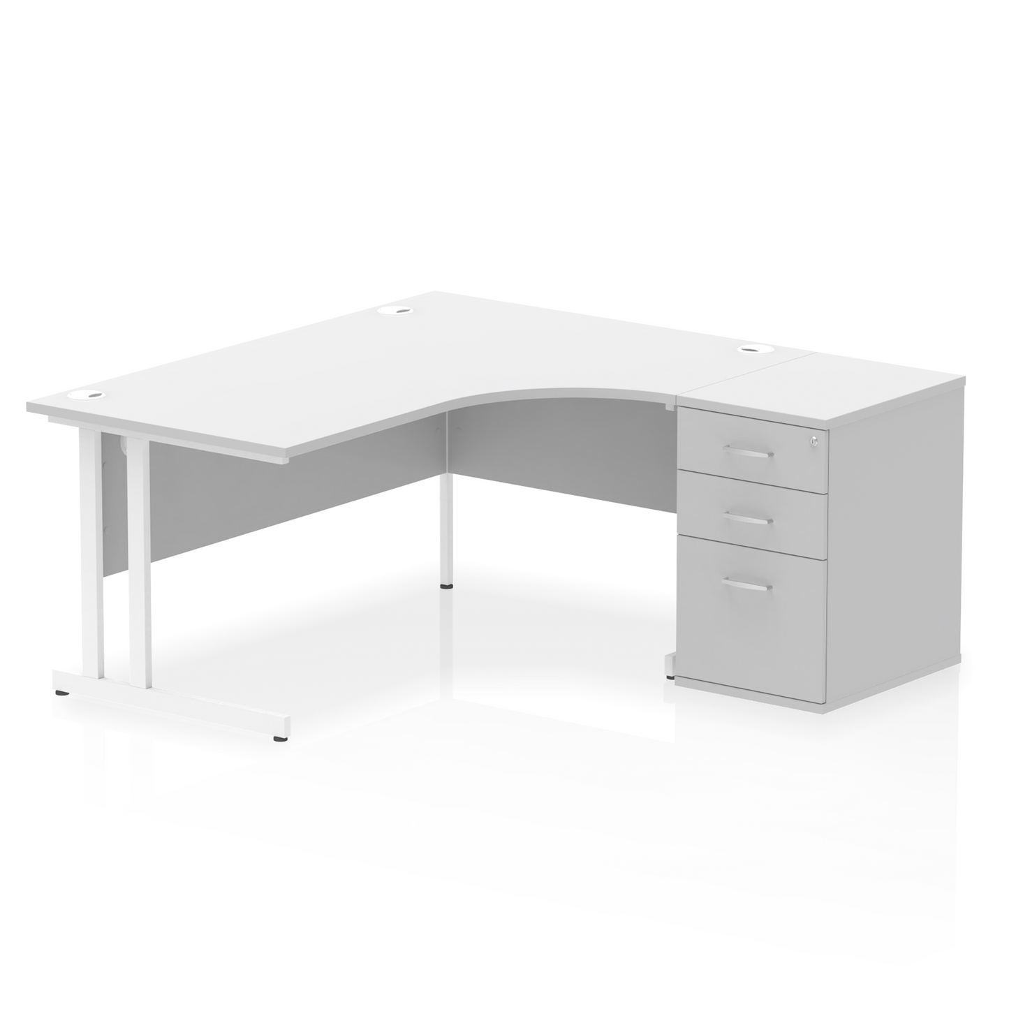 Impulse 1600mm Right Hand Curved Desk, White Top with White Cantilver Legs inc 3 Drawer Desk High Pedestal