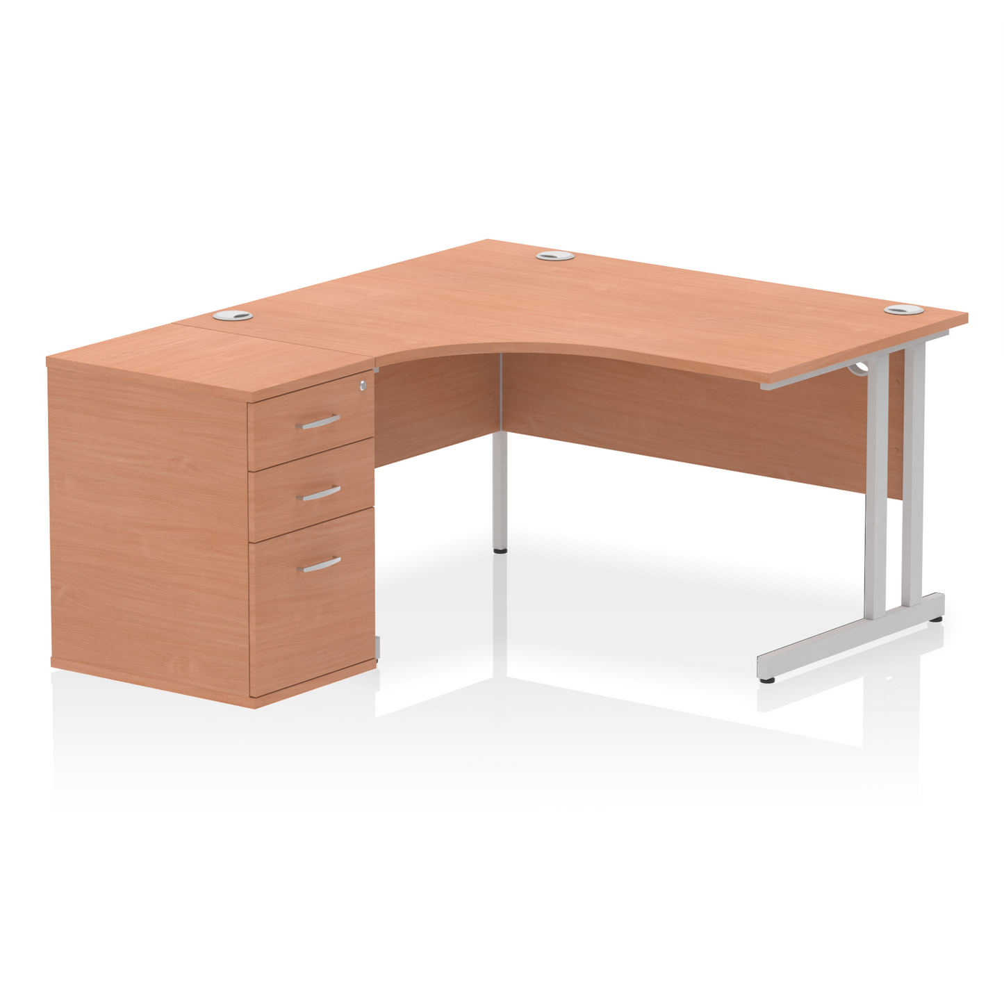 Impulse 1400mm Left Hand Curved Desk, Beech Top with Silver Cantilver Legs inc 3 Drawer Desk High Pedestal