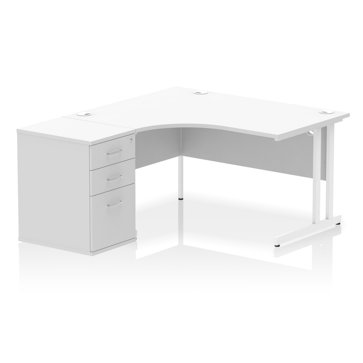 Impulse 1400mm Left Hand Curved Desk, White Top with White Cantilver Legs inc 3 Drawer Desk High Pedestal