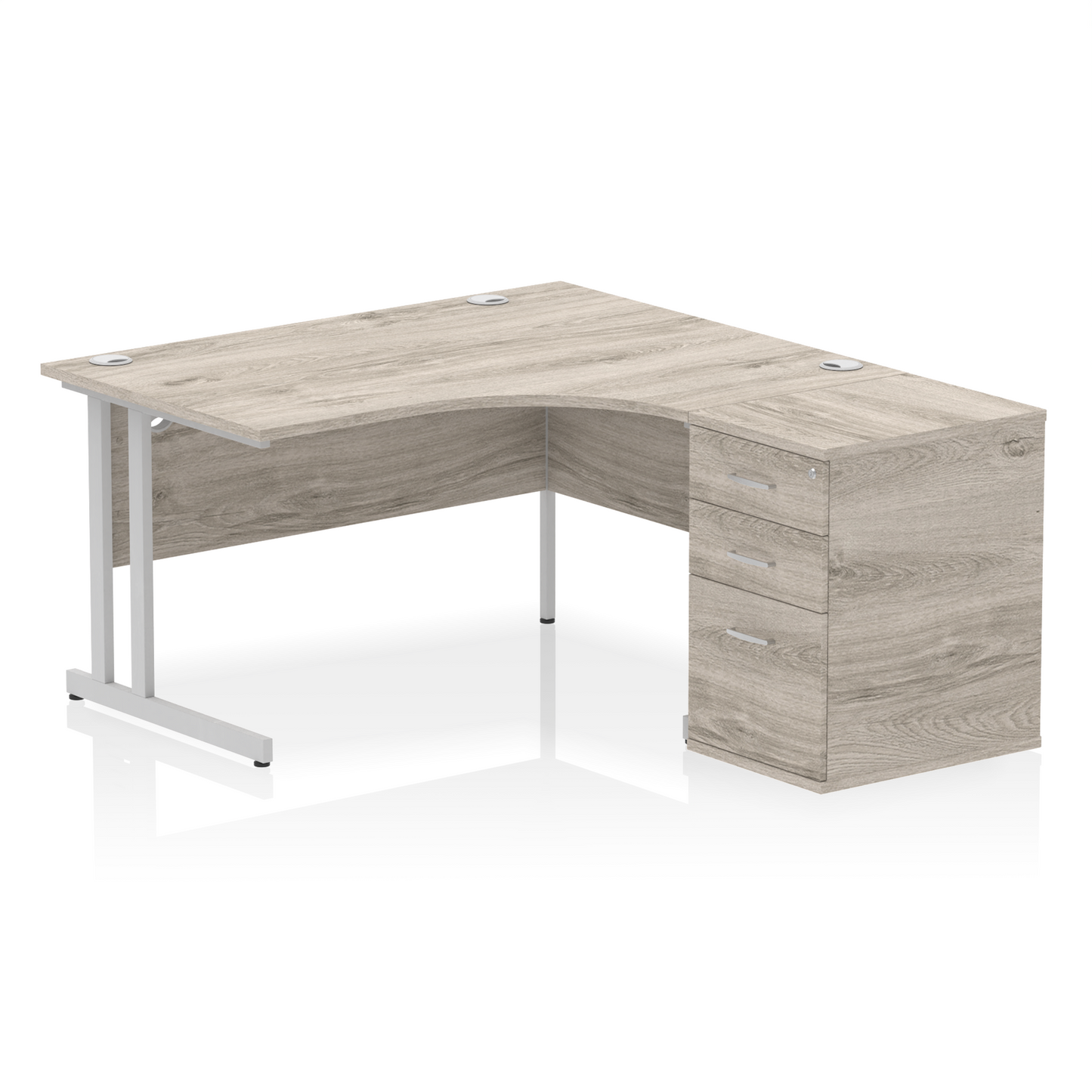 Impulse 1400mm Right Hand Curved Desk, Grey Oak Top with Silver Cantilver Legs inc 3 Drawer Desk High Pedestal