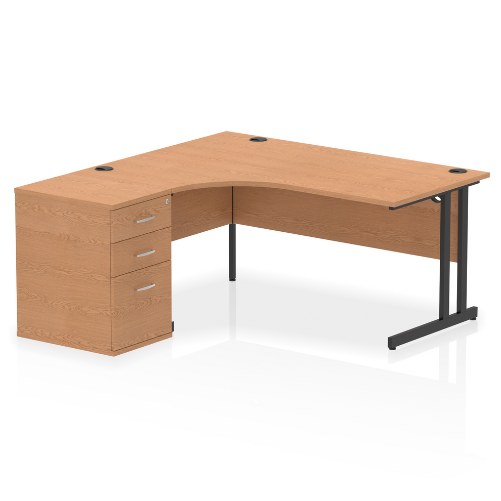 Impulse 1600mm Left Hand Curved Desk, Oak Top with Black Cantilver Legs inc 3 Drawer Desk High Pedestal