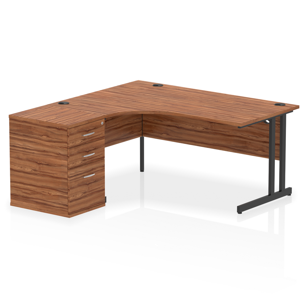 Impulse 1600mm Left Hand Curved Desk, Walnut Top with Black Cantilver Legs inc 3 Drawer Desk High Pedestal