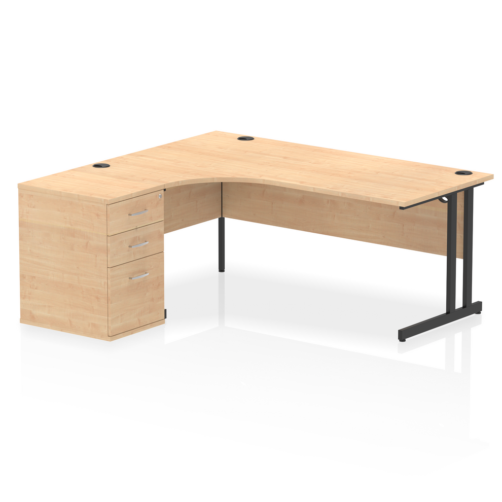 Maple L-shaped desk with drawers on a white background
