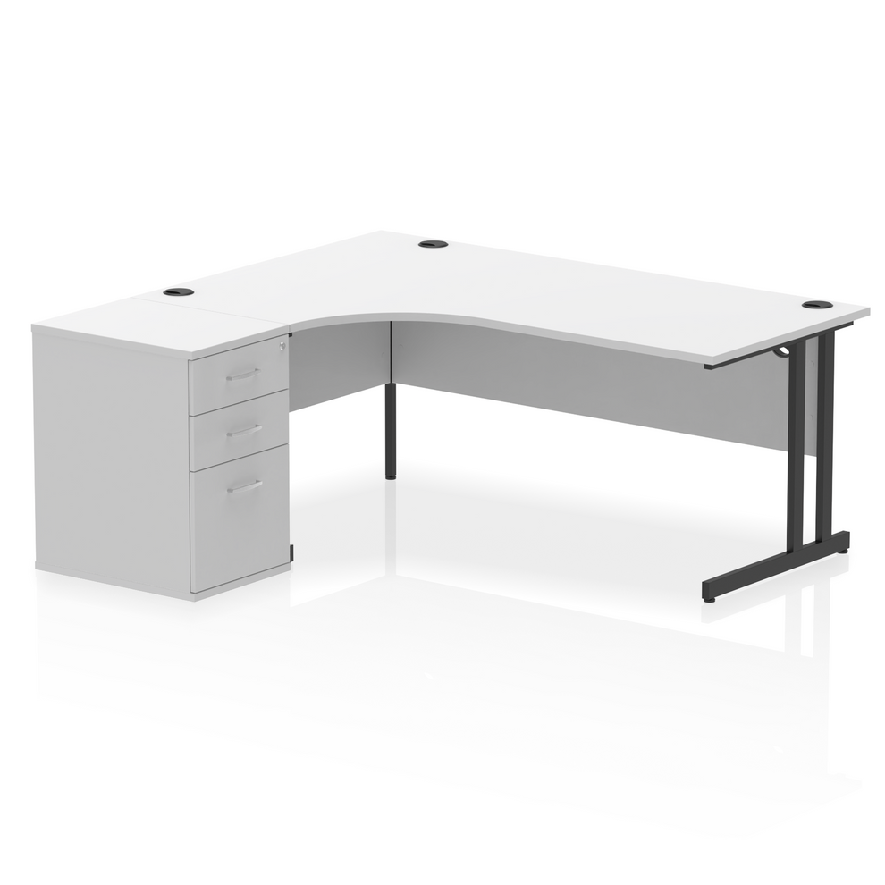 Impulse 1800mm Left Hand Curved Desk, White Top with Black Cantilver Legs inc 3 Drawer Desk High Pedestal