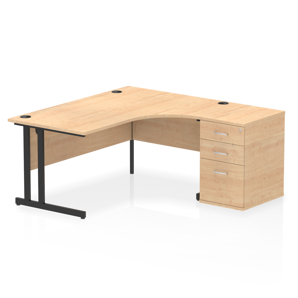 Impulse 1600mm Right Hand Curved Desk, Maple Top with Black Cantilver Legs inc 3 Drawer Desk, High Pedestal
