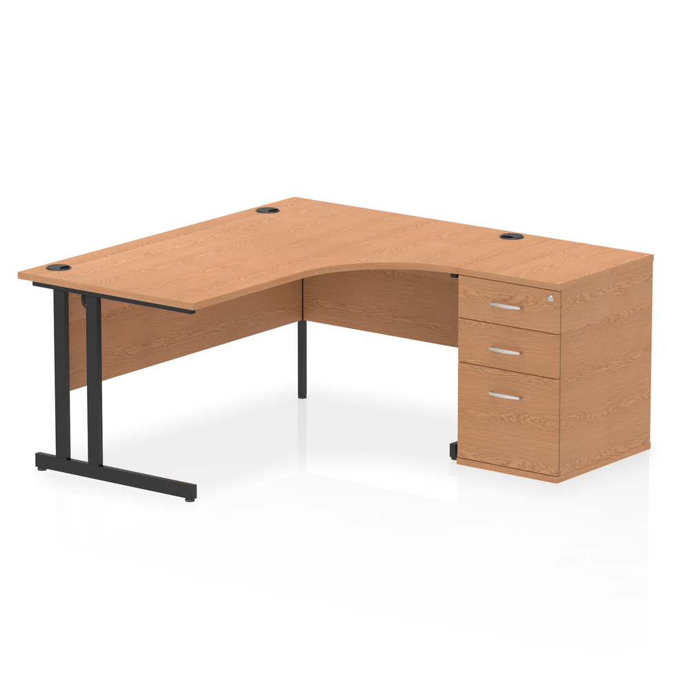 Impulse 1600mm Right Hand Curved Desk, Oak Top with Black Cantilver Legs inc 3 Drawer Desk High Pedestal