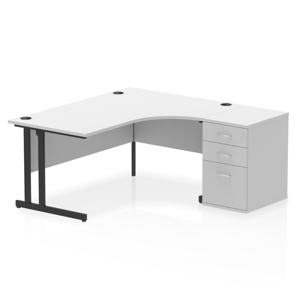 Impulse 1600mm Right Hand Curved Desk, White Top with Black Cantilver Legs inc 3 Drawer Desk High Pedestal
