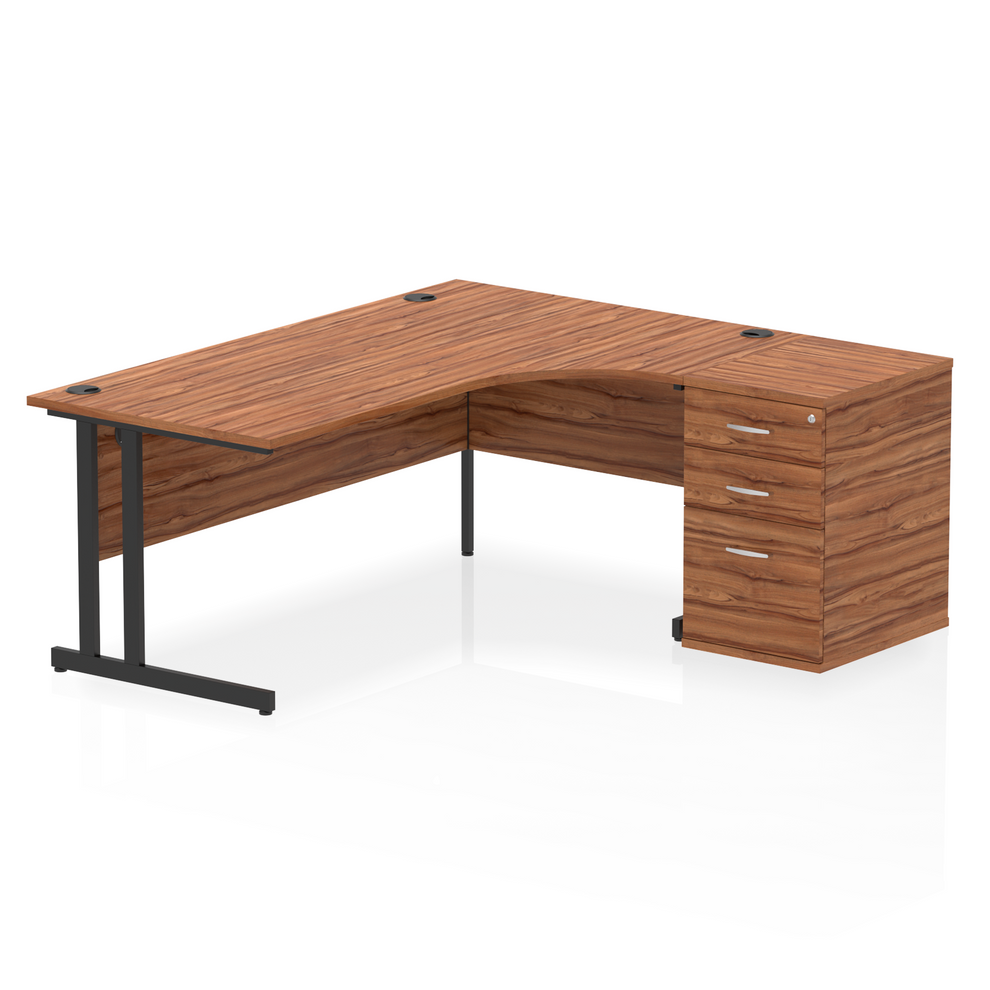 Impulse 1800mm Right Hand Curved Desk, Walnut Top with Black Cantilver Legs inc 3 Drawer Desk High Pedestal