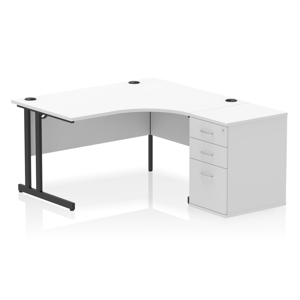 Impulse 1400mm Right Hand Curved Desk, White Top with Black Cantilver Legs inc 3 Drawer Desk High Pedestal