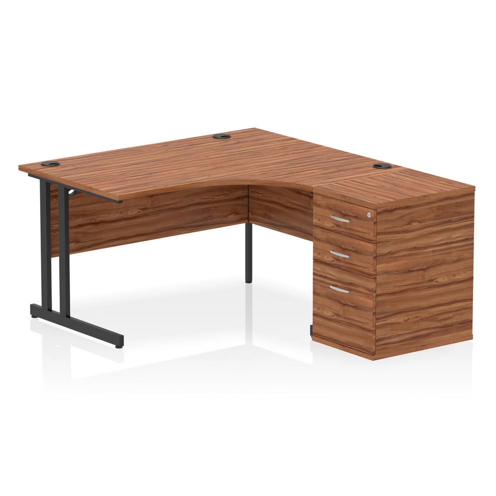 Impulse 1400mm Right Hand Curved Desk, Walnut Top with Black Cantilver Legs inc 3 Drawer Desk High Pedestal