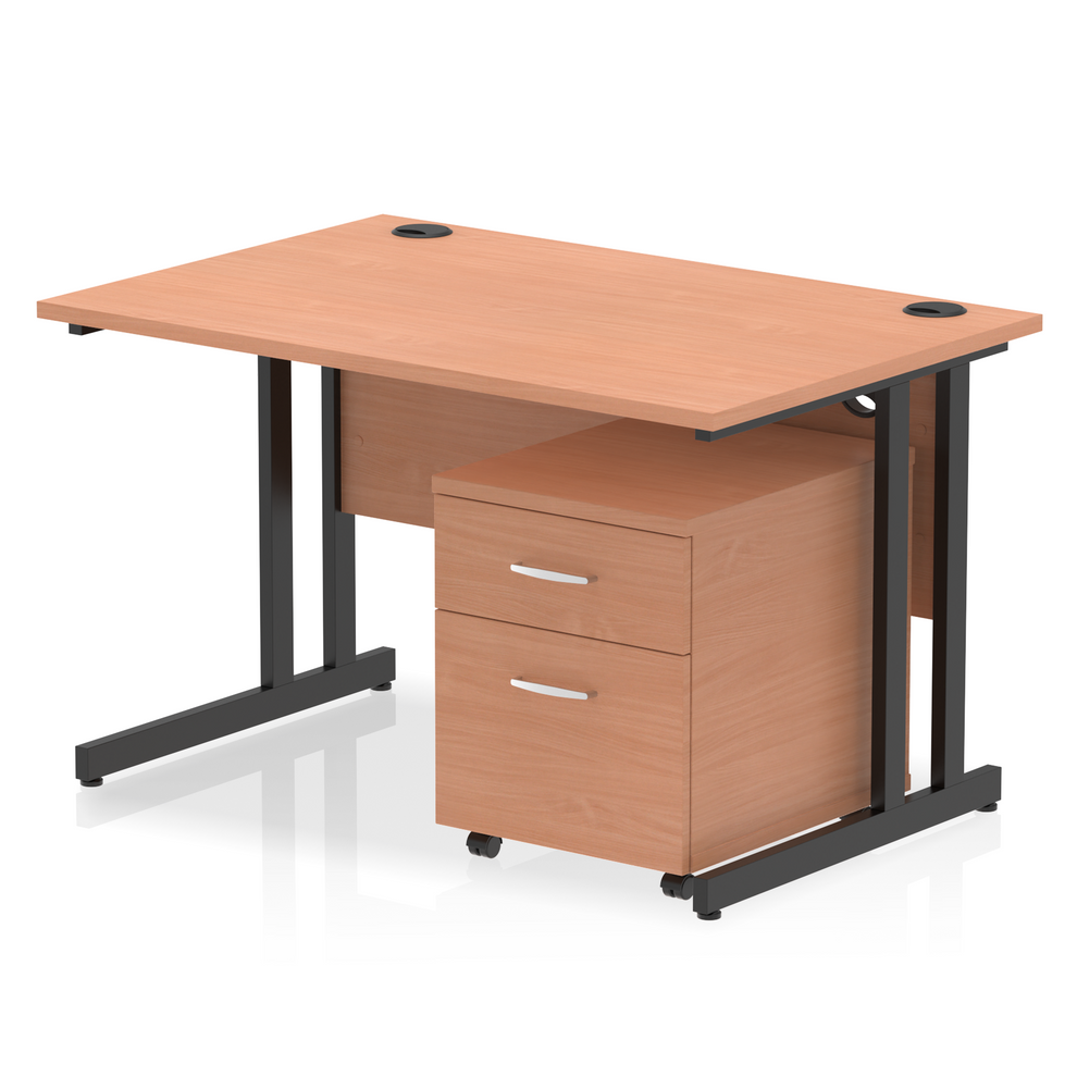 Beech straight desk with drawers on a white background