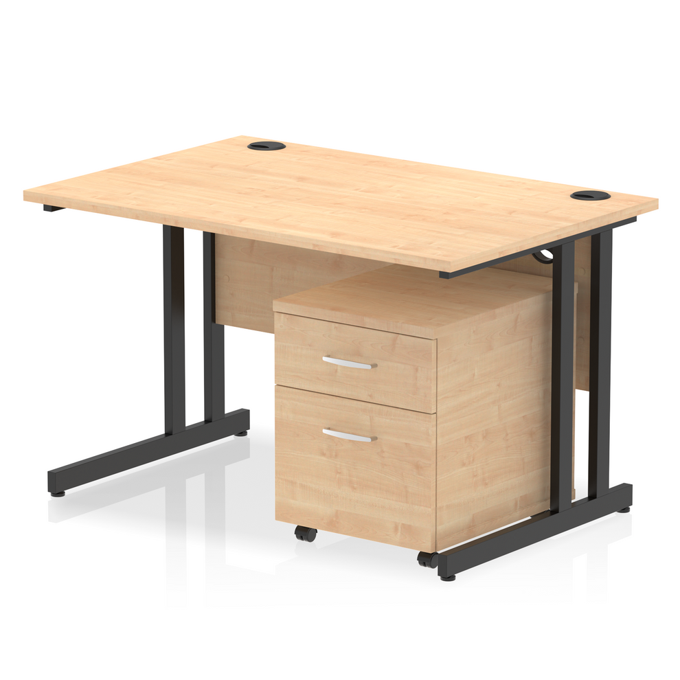 Maple straight desk with drawers on a white background