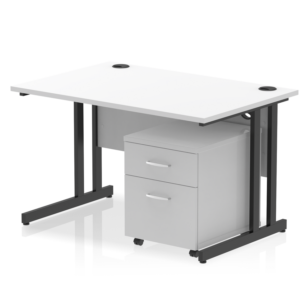 White straight desk with drawers on a white background