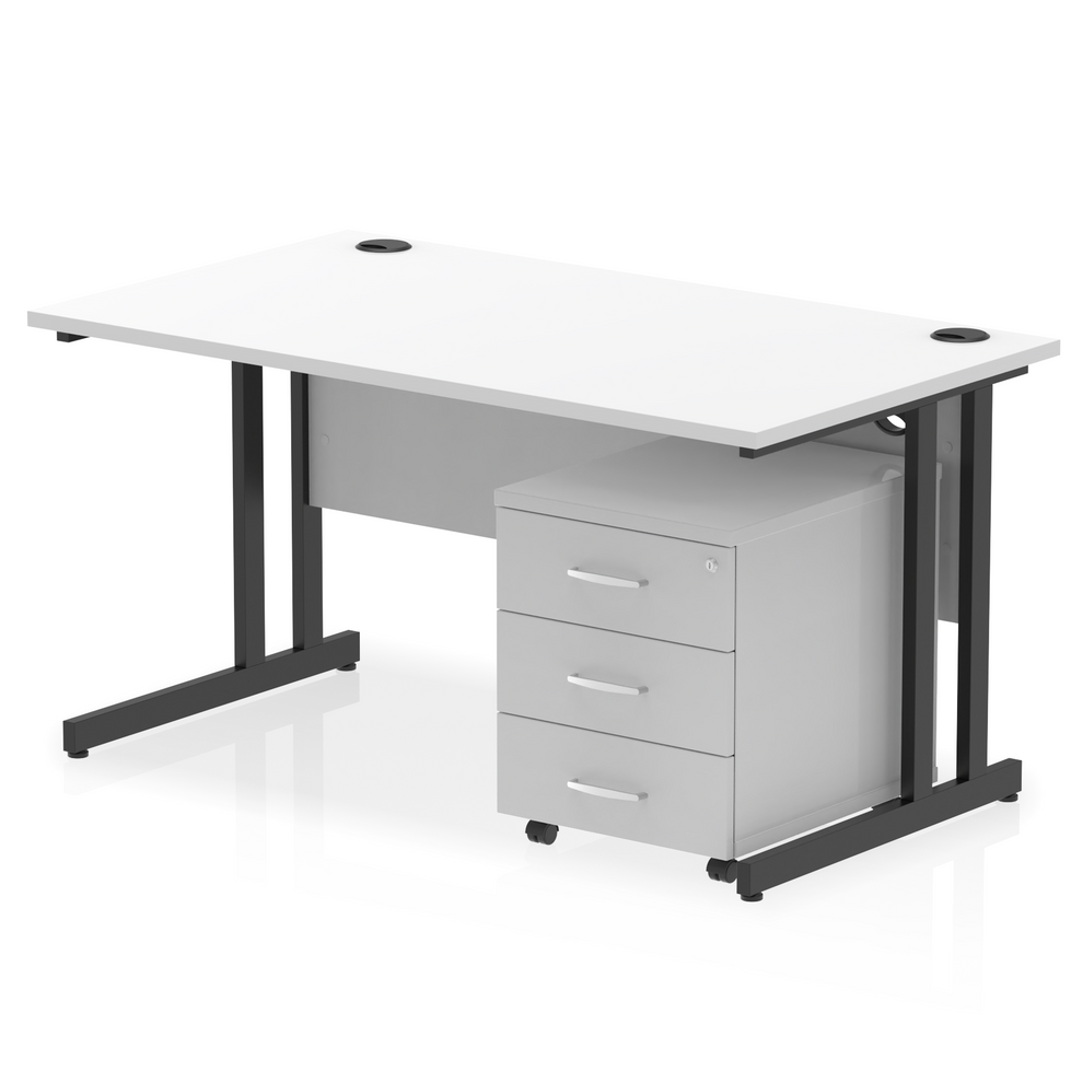 White straight desk with drawers on a white background