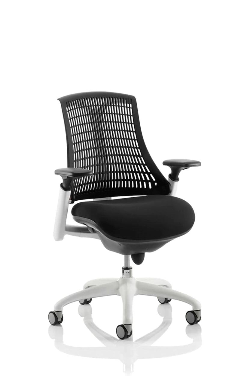 A white frame office chair with black seat and backrest, featuring height adjustable gel padded arms and a synchro tilt mechanism.