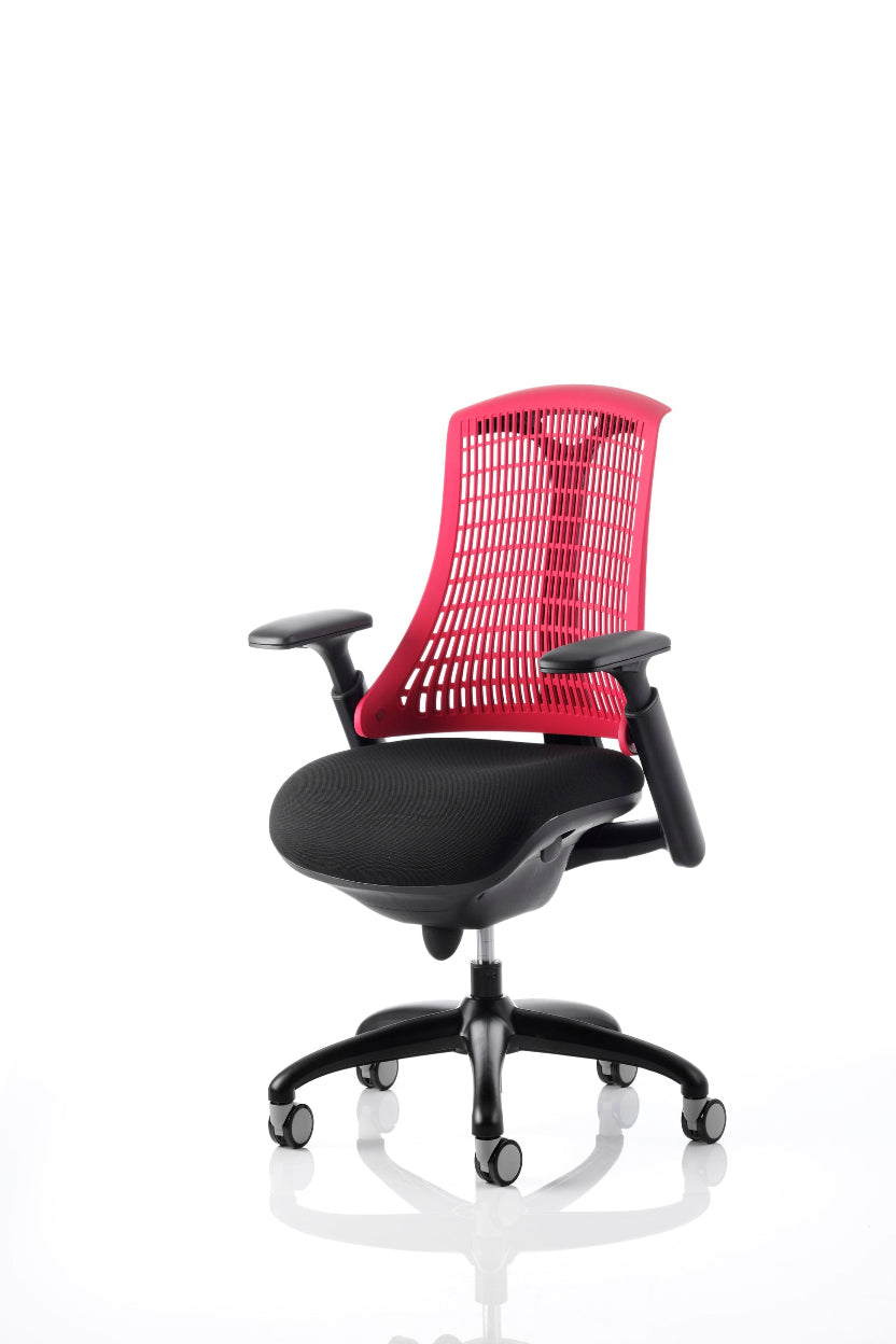A black framed office chair with a red mesh backrest and black cushioned seat, featuring height adjustable gel padded arms and a five-star base.