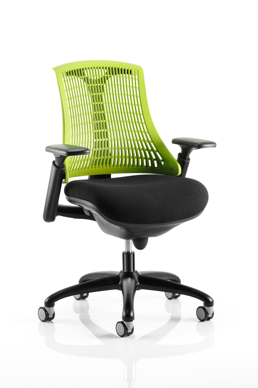 A black framed office chair with a green mesh backrest and black cushioned seat, featuring height adjustable gel padded arms and a five-star base.