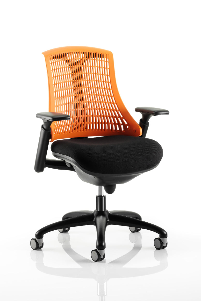 A black framed office chair with orange backrest and black cushioned seat, featuring adjustable gel padded arms and a five-star base.