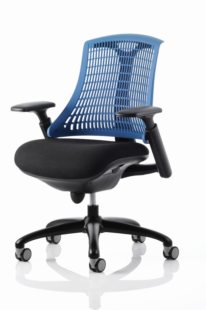 A black framed office chair with a blue flexible backrest and gel padded arms, seated on a five-star base with casters.