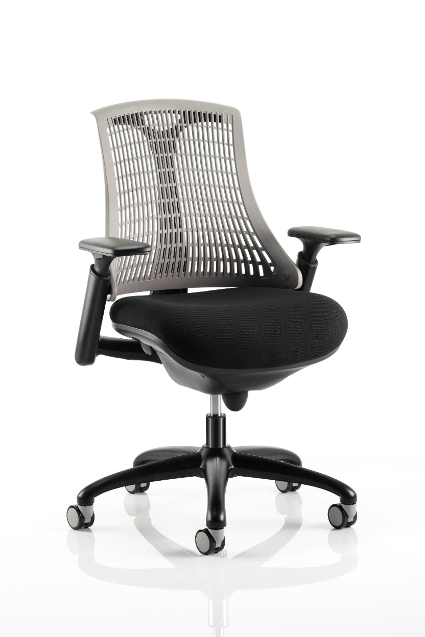 A black framed office chair with a grey flexible backrest and cushioned seat, featuring height adjustable gel padded arms and a five-star base with caster wheels.