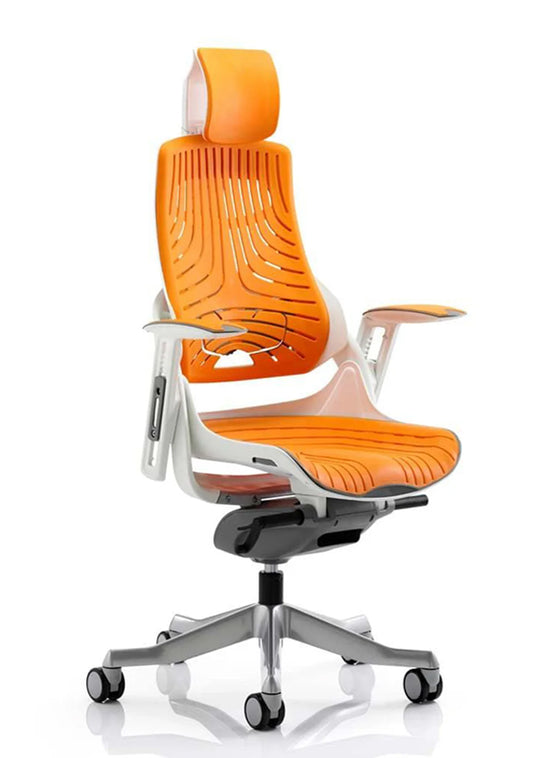 Zure High Back Executive Elastomer Gel Armchair with Headrest, White / Orange