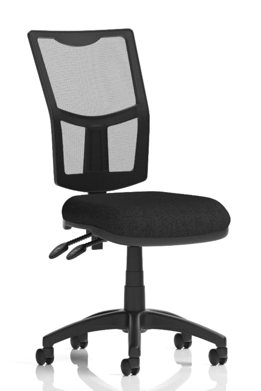 A black medium mesh back task operator office chair with a cushioned seat, twin levers, and a five-star base with casters.