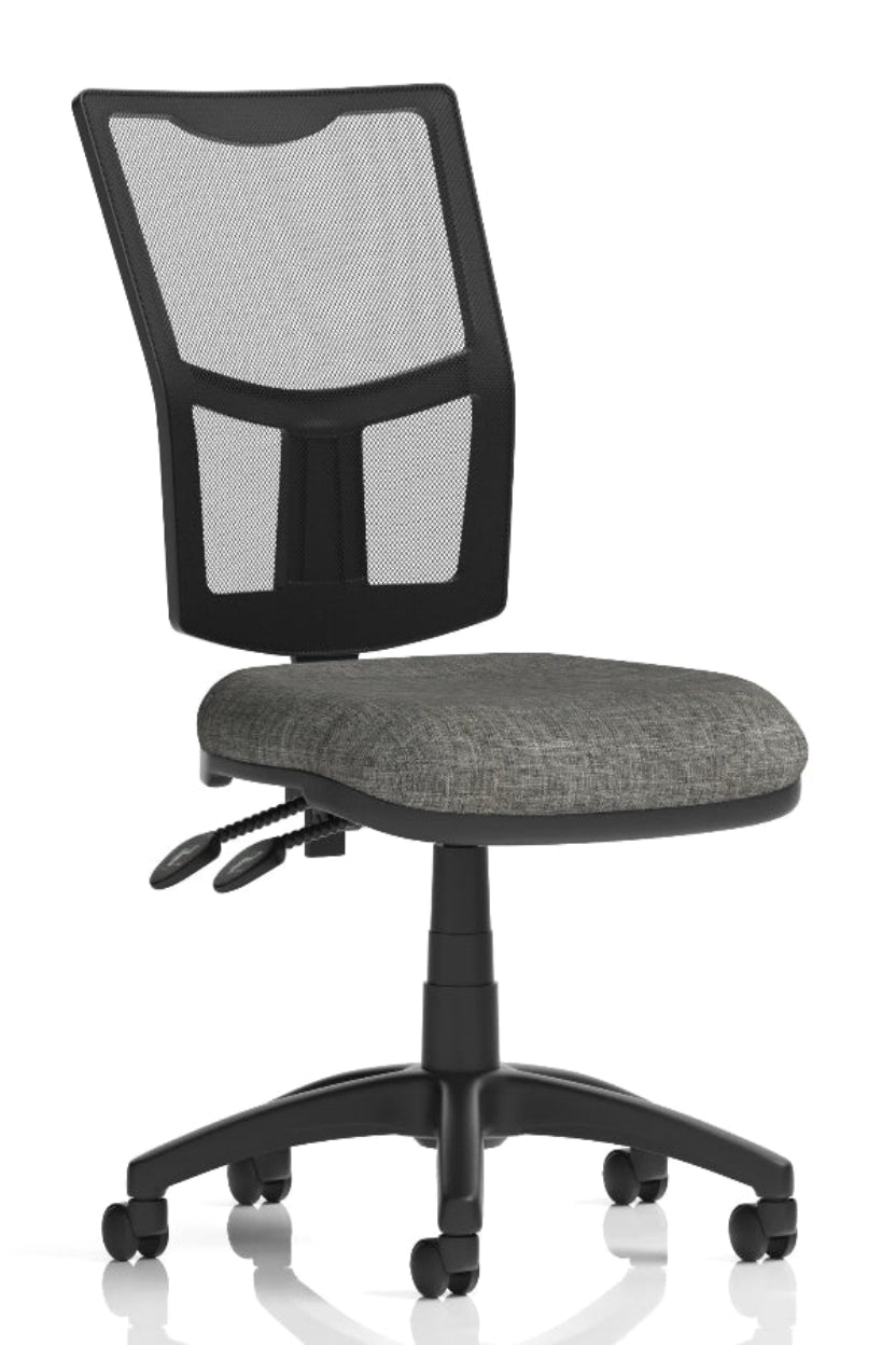 A medium mesh back task operator office chair with a cushioned seat, twin levers for height and tilt adjustment, and five caster wheels.