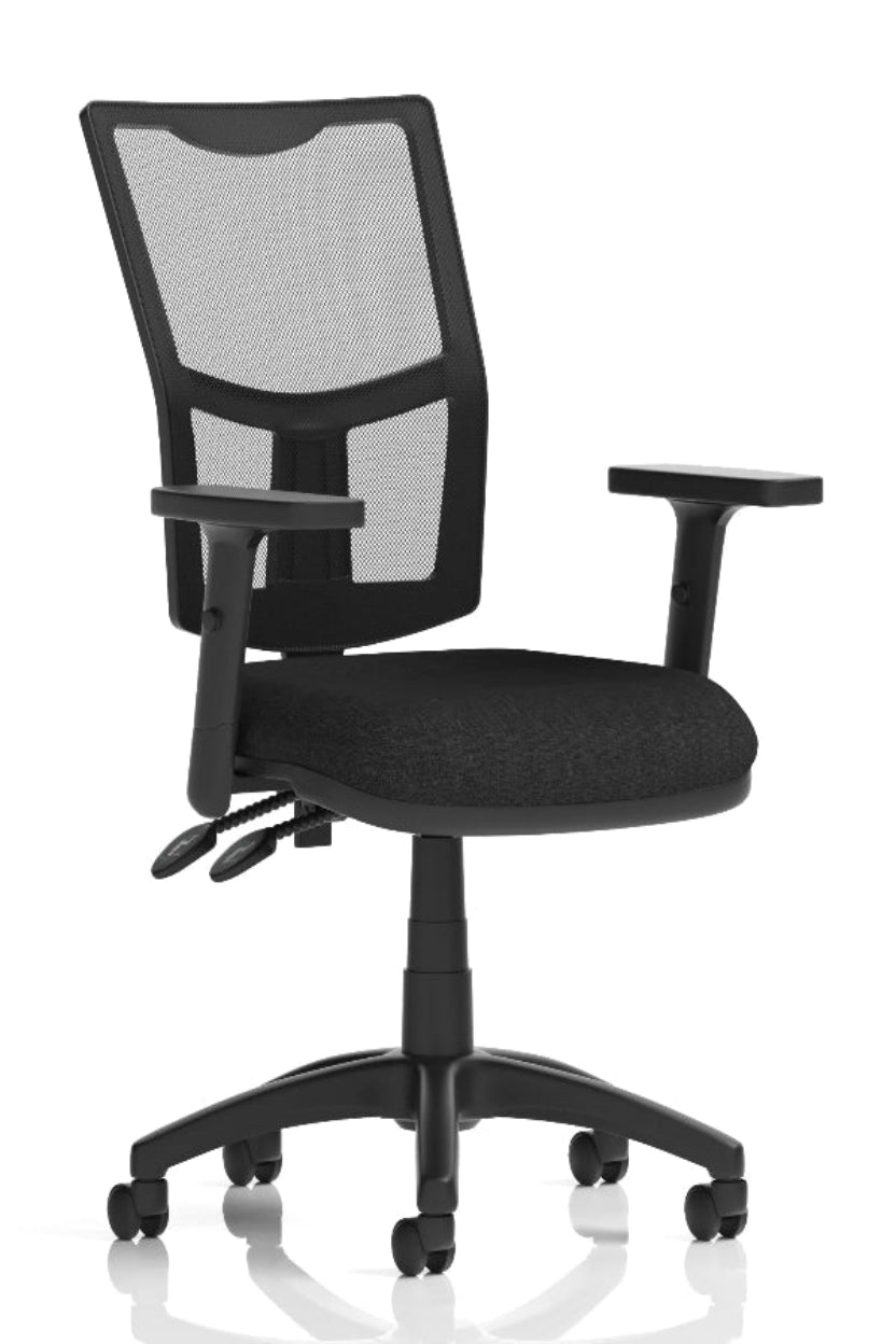 A black medium mesh back task operator office armchair with height adjustable arms, featuring a cushioned seat and a contoured mesh backrest.