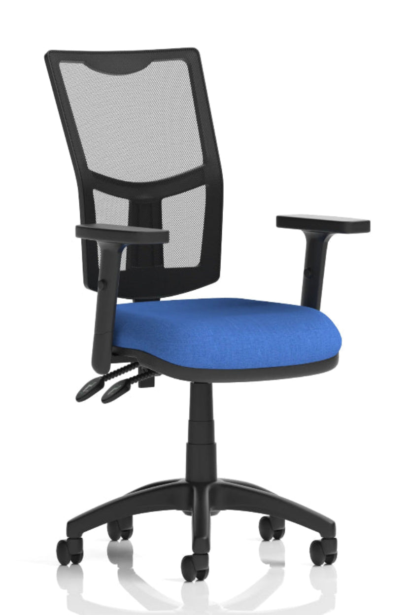 A medium mesh back task operator office armchair with height-adjustable arms, featuring a blue cushioned seat and a black mesh backrest, on a five-star base with casters.