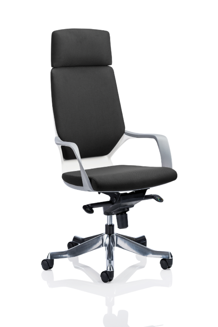 A black high back executive chair with height adjustable arms, headrest, and a brushed aluminium 5 star base.