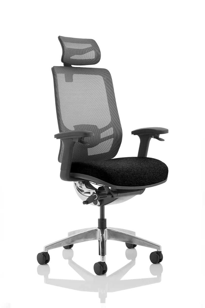A black mesh back office chair with height adjustable arms and headrest, featuring a chrome frame and 5 star base.
