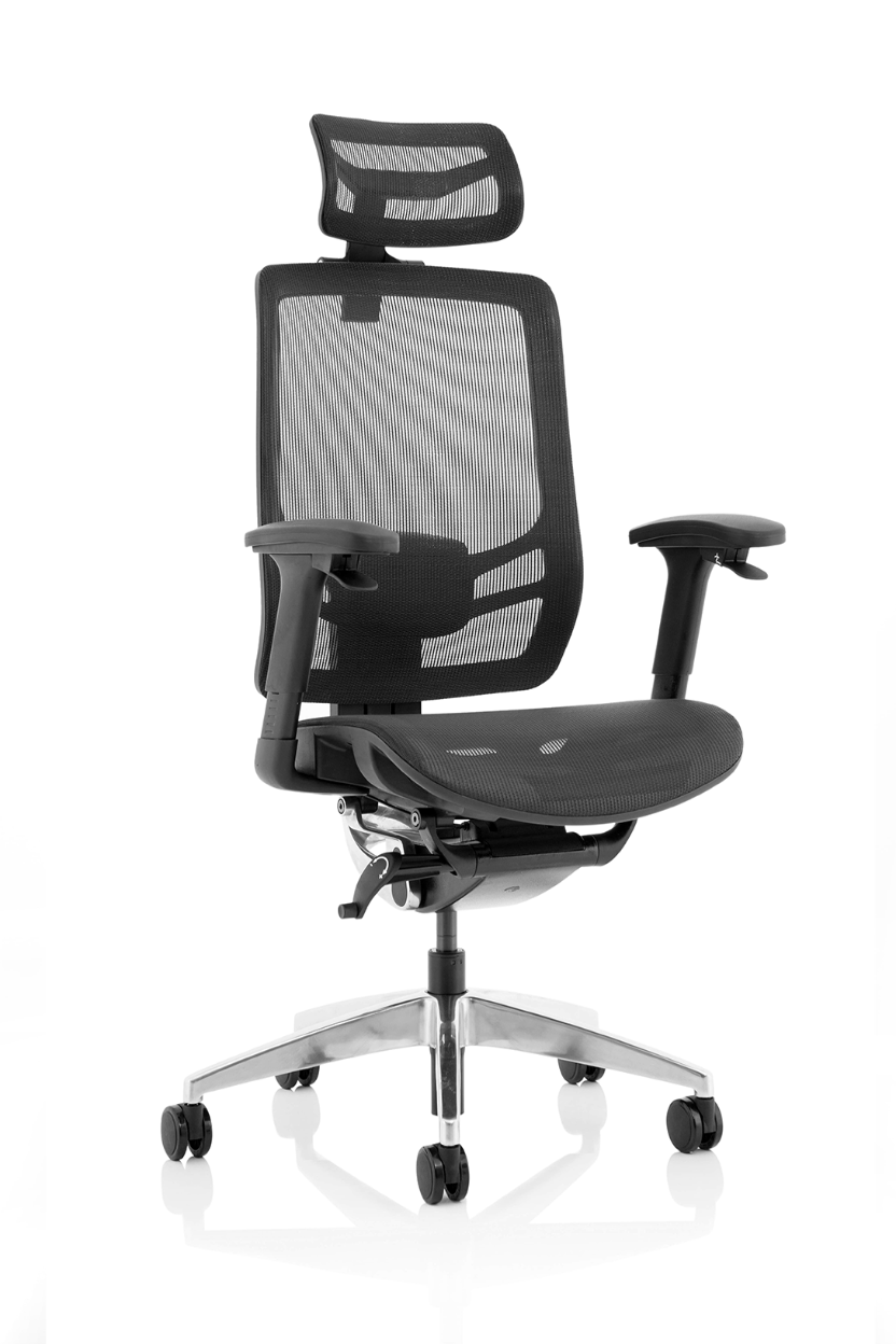 A black Ergo Click Mesh High Back Posture Office Chair with height adjustable arms and headrest, featuring a chrome frame and 5 star base.