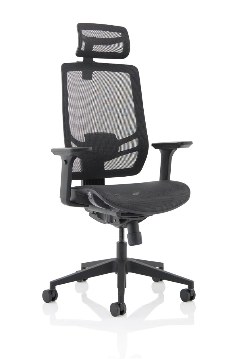 A black high mesh back operator chair with adjustable arms and headrest, on a five-star base with casters.