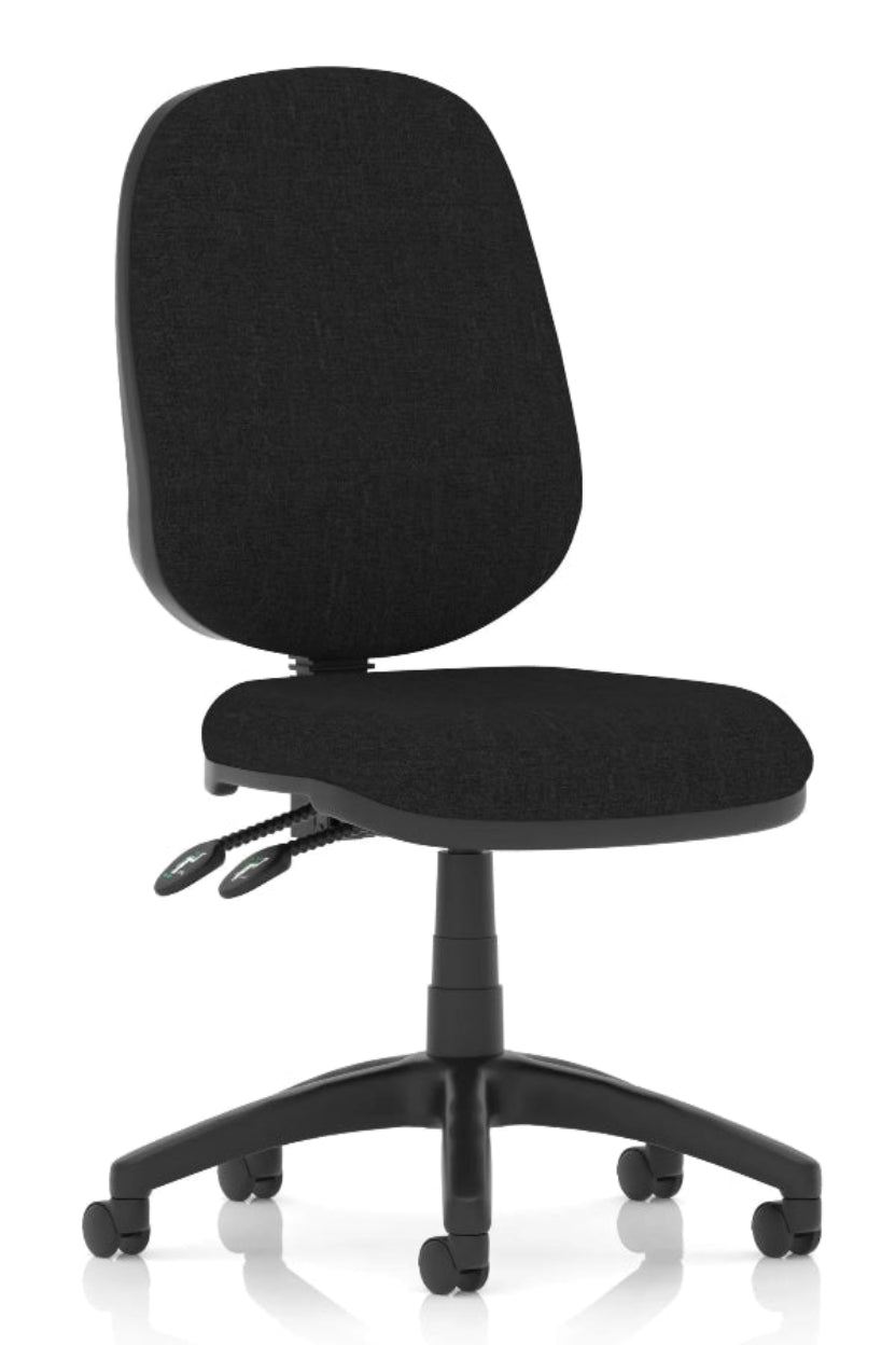 A black Luna Plus II Lever Task Operator Armchair with a cushioned seat and backrest, twin levers for gas lift and backrest tilt control, on a five-star base with casters.