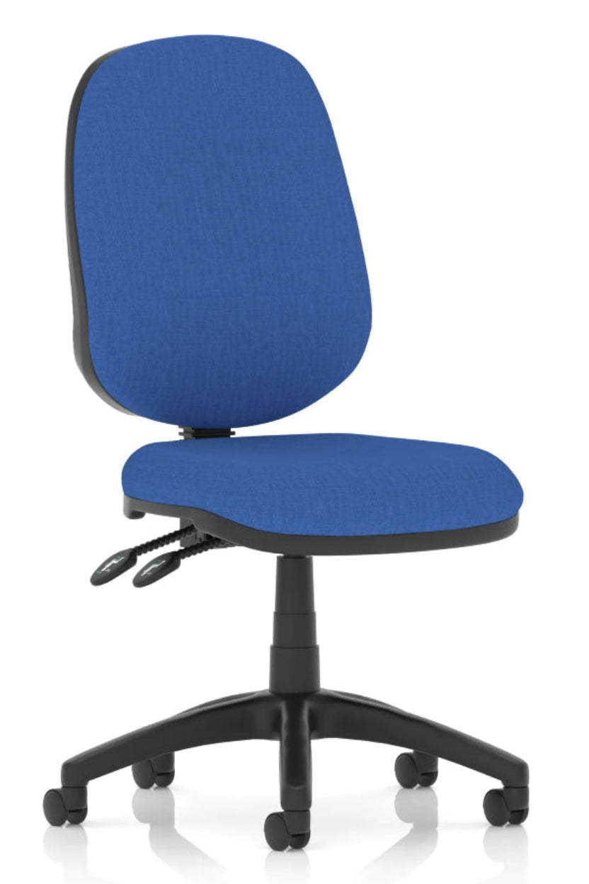 A blue office chair with a cushioned seat and backrest, featuring a gas lift mechanism and levers for adjusting the height and backrest tilt, on a five-star base with casters.